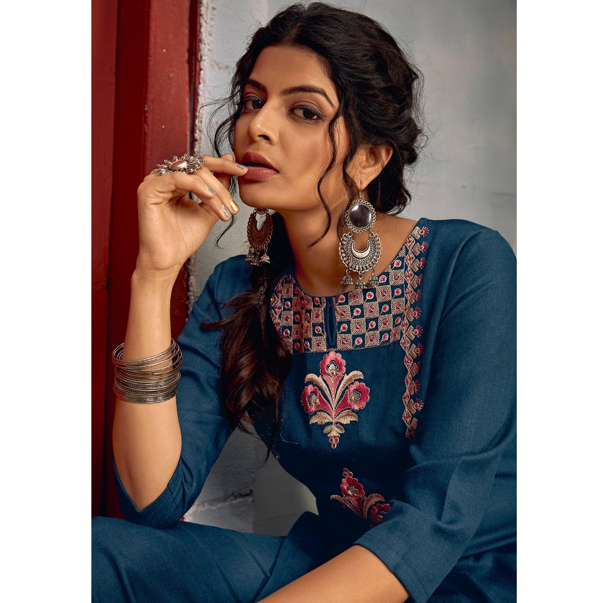 Blue Floral Embroidered Rayon Kurti Pant Set - Peachmode