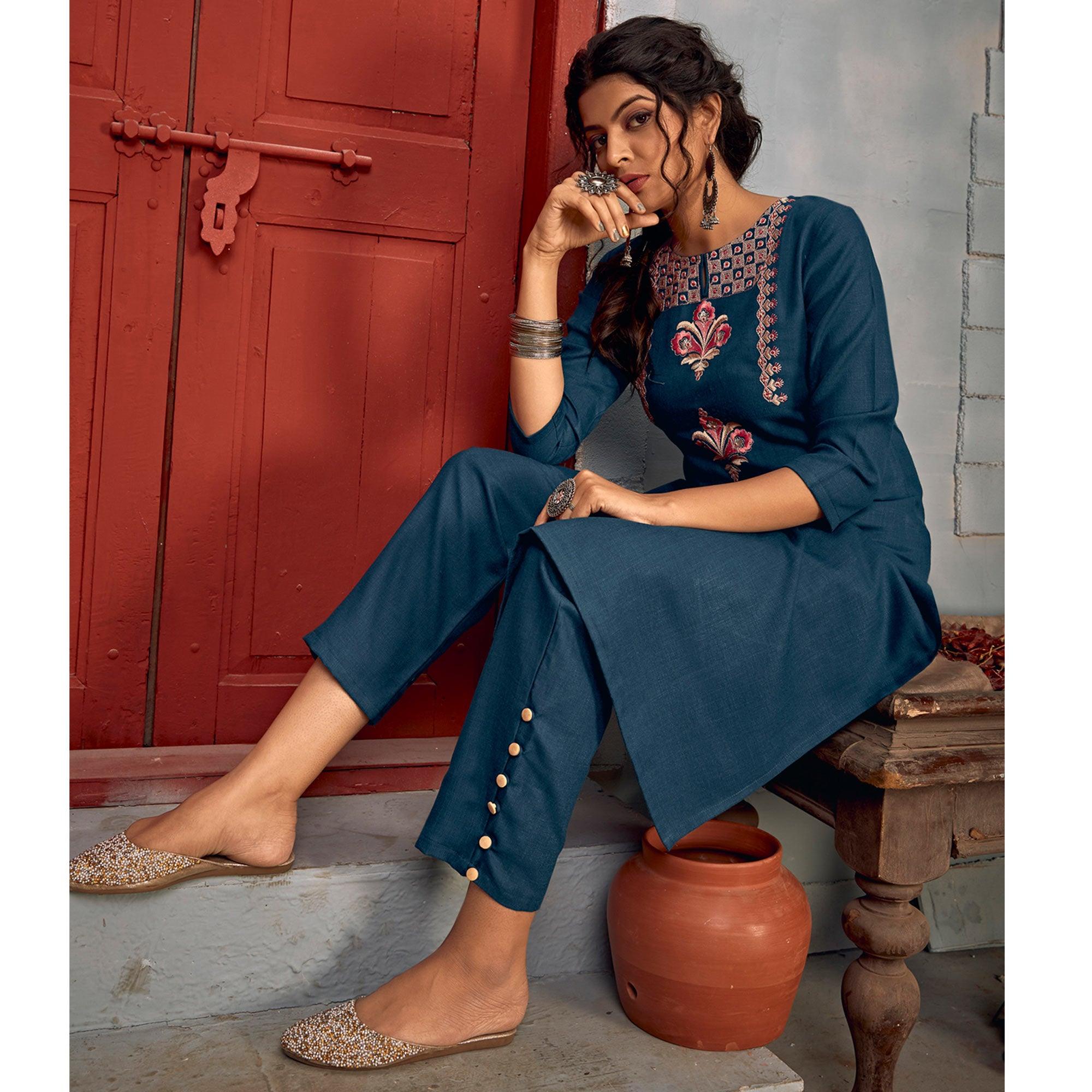 Blue Floral Embroidered Rayon Kurti Pant Set - Peachmode