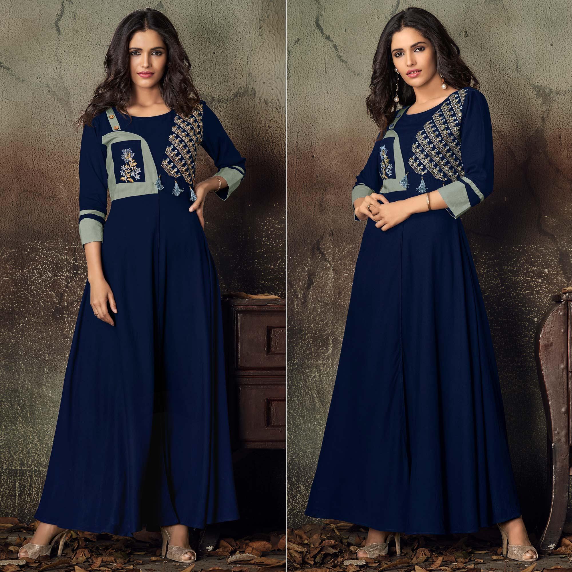 Blue Floral Embroidered Rayon Kurti - Peachmode