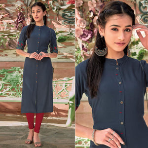 Blue Floral Embroidered Rayon Kurti - Peachmode