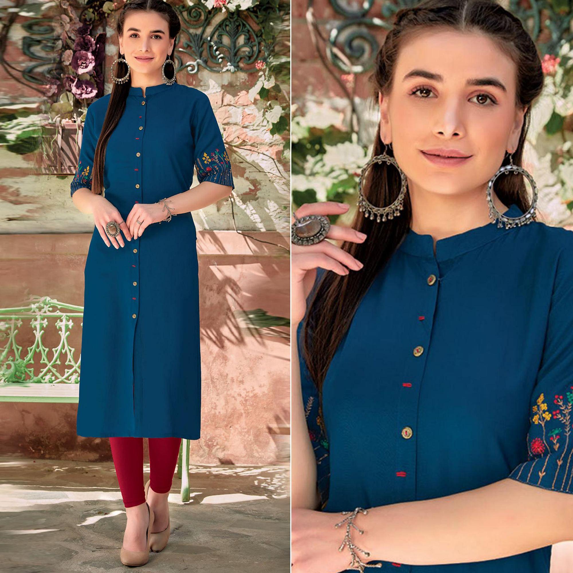 Blue Floral Embroidered Rayon Kurti - Peachmode