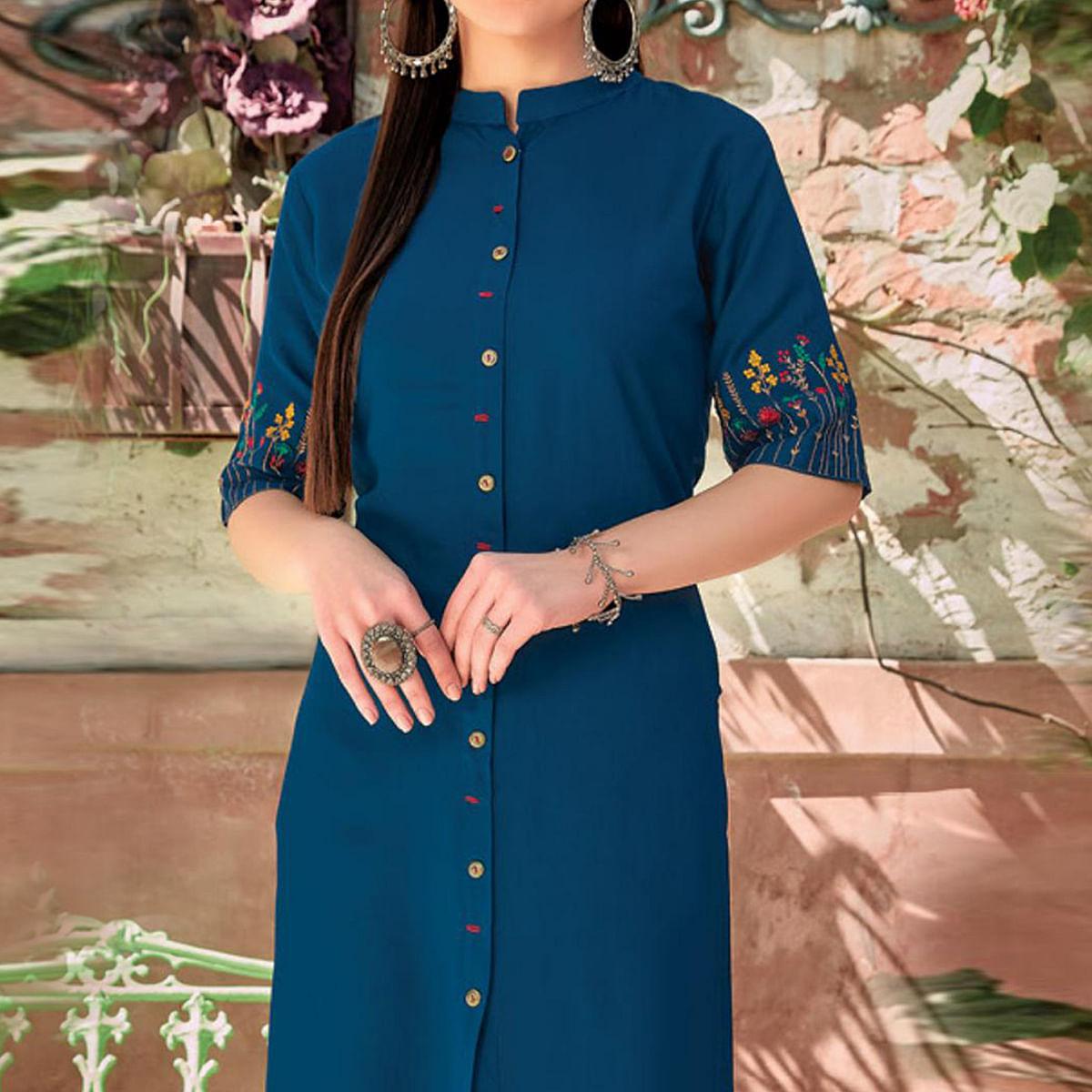 Blue Floral Embroidered Rayon Kurti - Peachmode