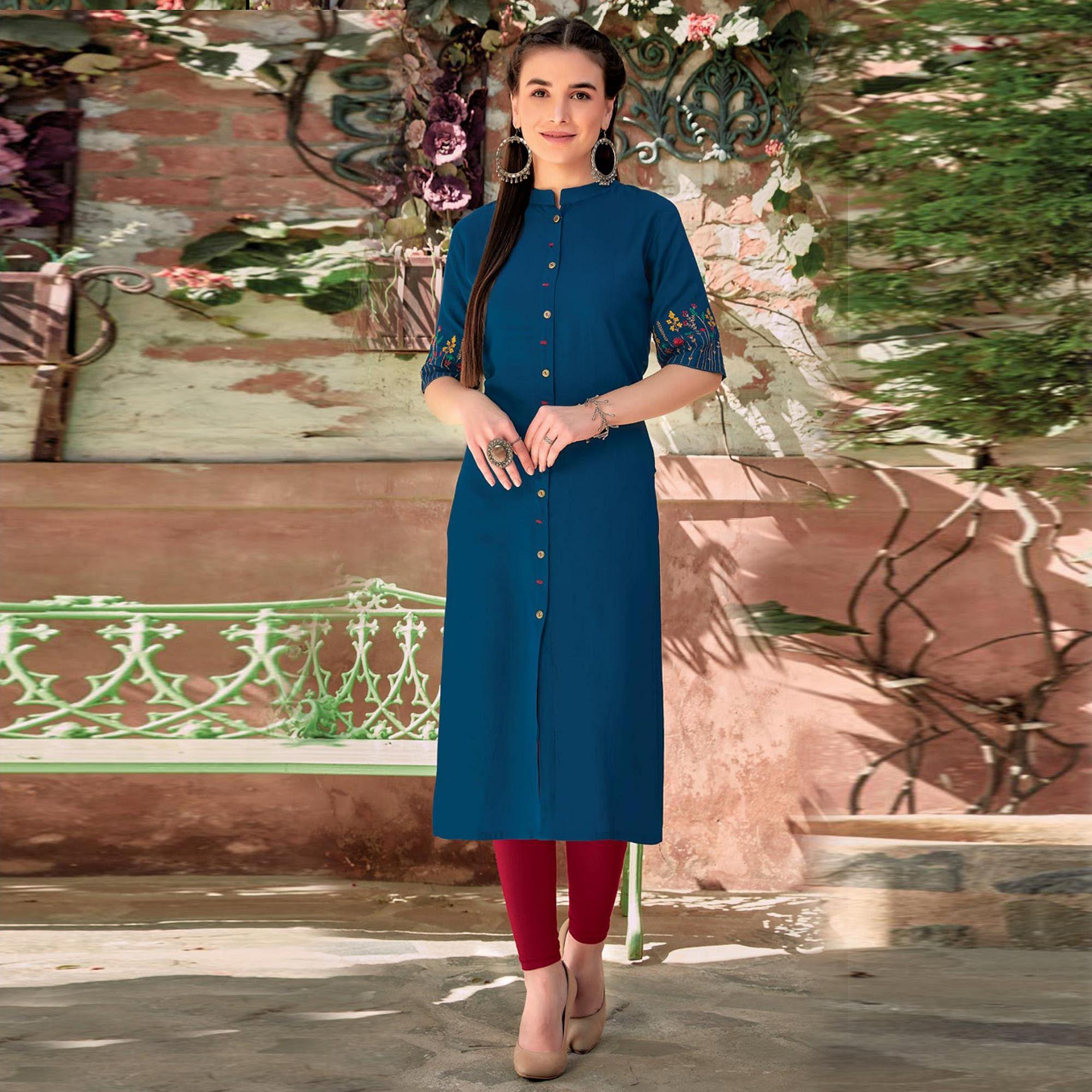 Blue Floral Embroidered Rayon Kurti - Peachmode