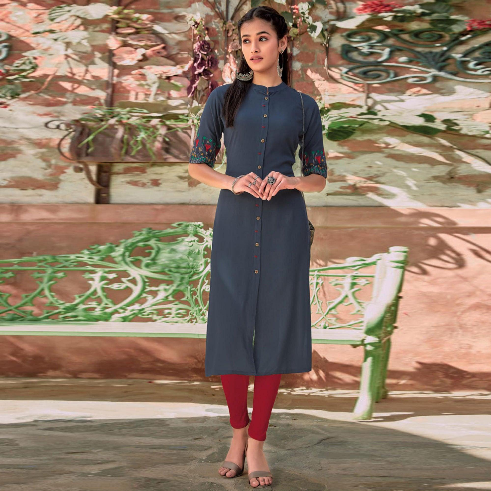 Blue Floral Embroidered Rayon Kurti - Peachmode