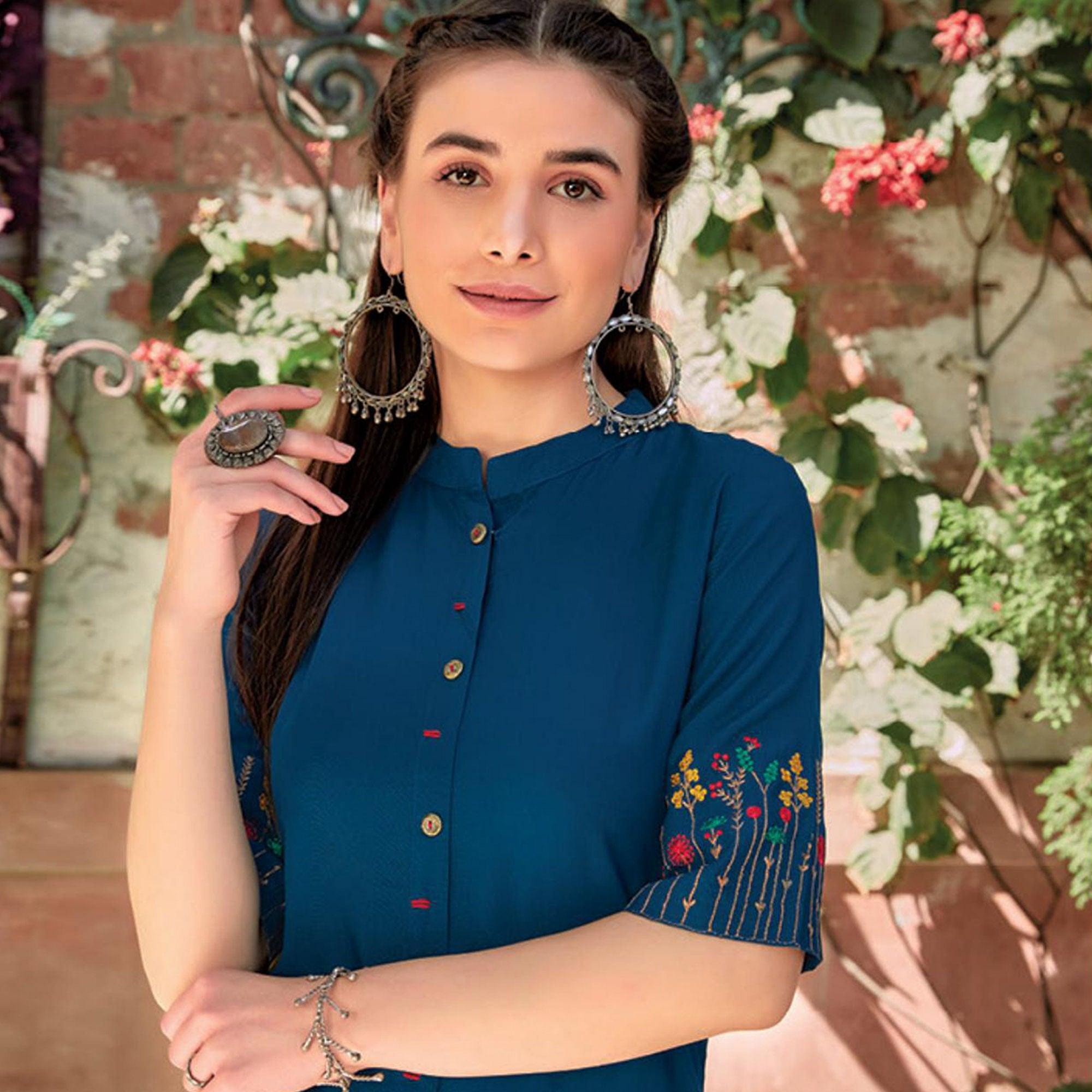 Blue Floral Embroidered Rayon Kurti - Peachmode