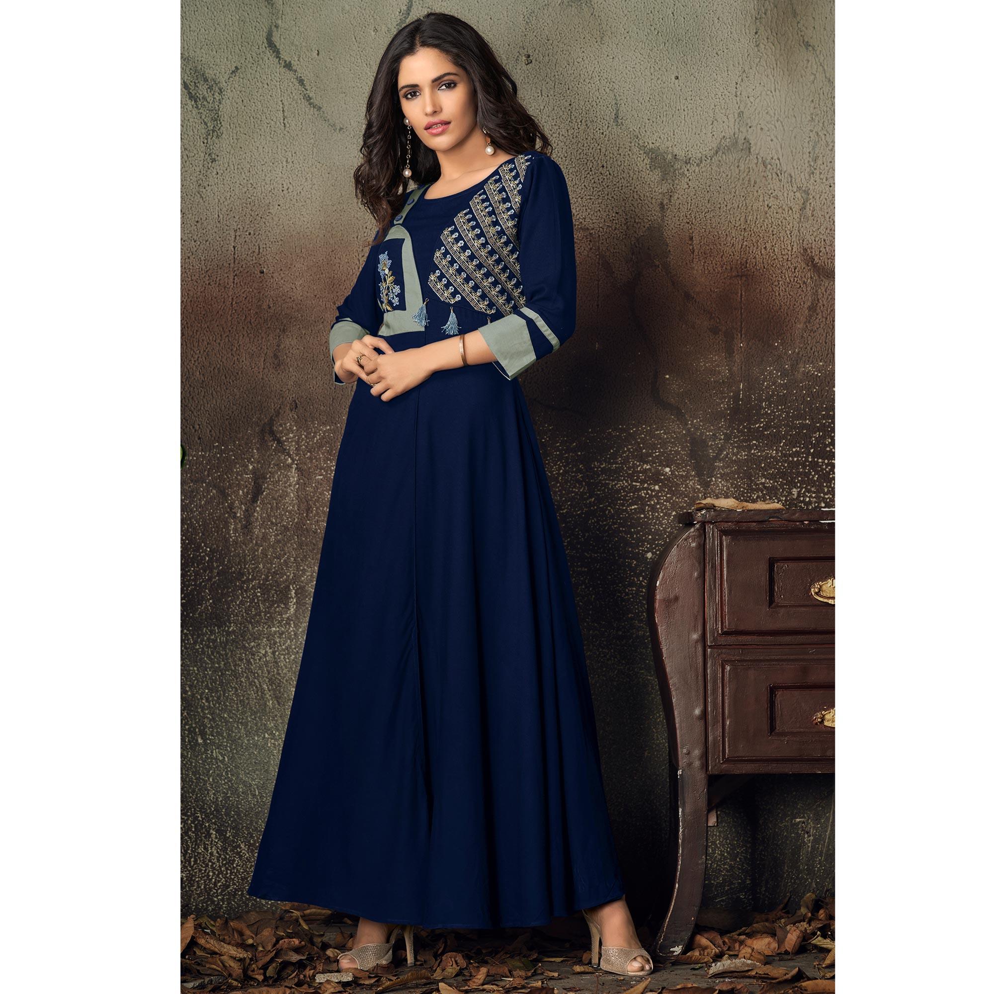 Blue Floral Embroidered Rayon Kurti - Peachmode