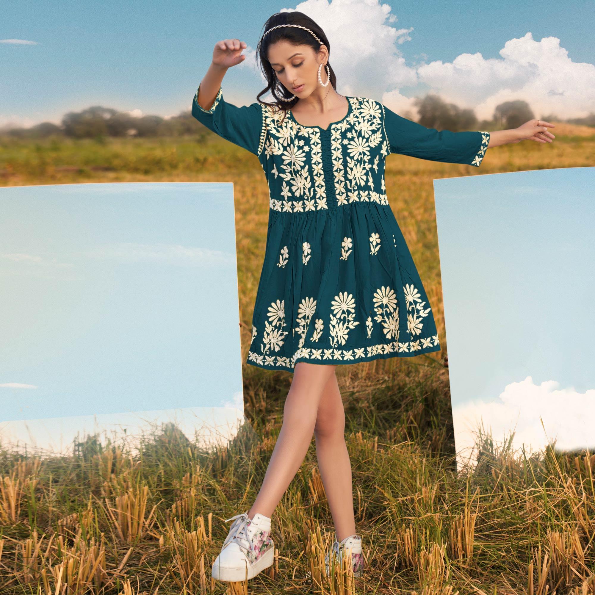 Blue Floral Embroidered Rayon Top - Peachmode