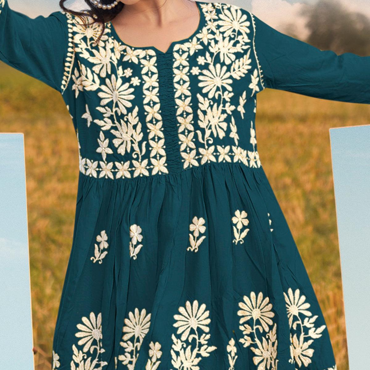 Blue Floral Embroidered Rayon Top - Peachmode