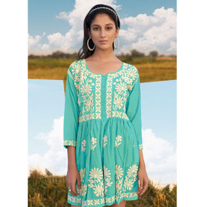 Blue Floral Embroidered Rayon Top - Peachmode