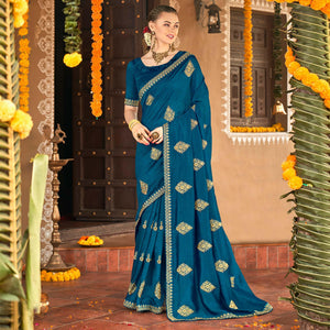 Blue Floral Embroidered Vichitra Silk Saree - Peachmode