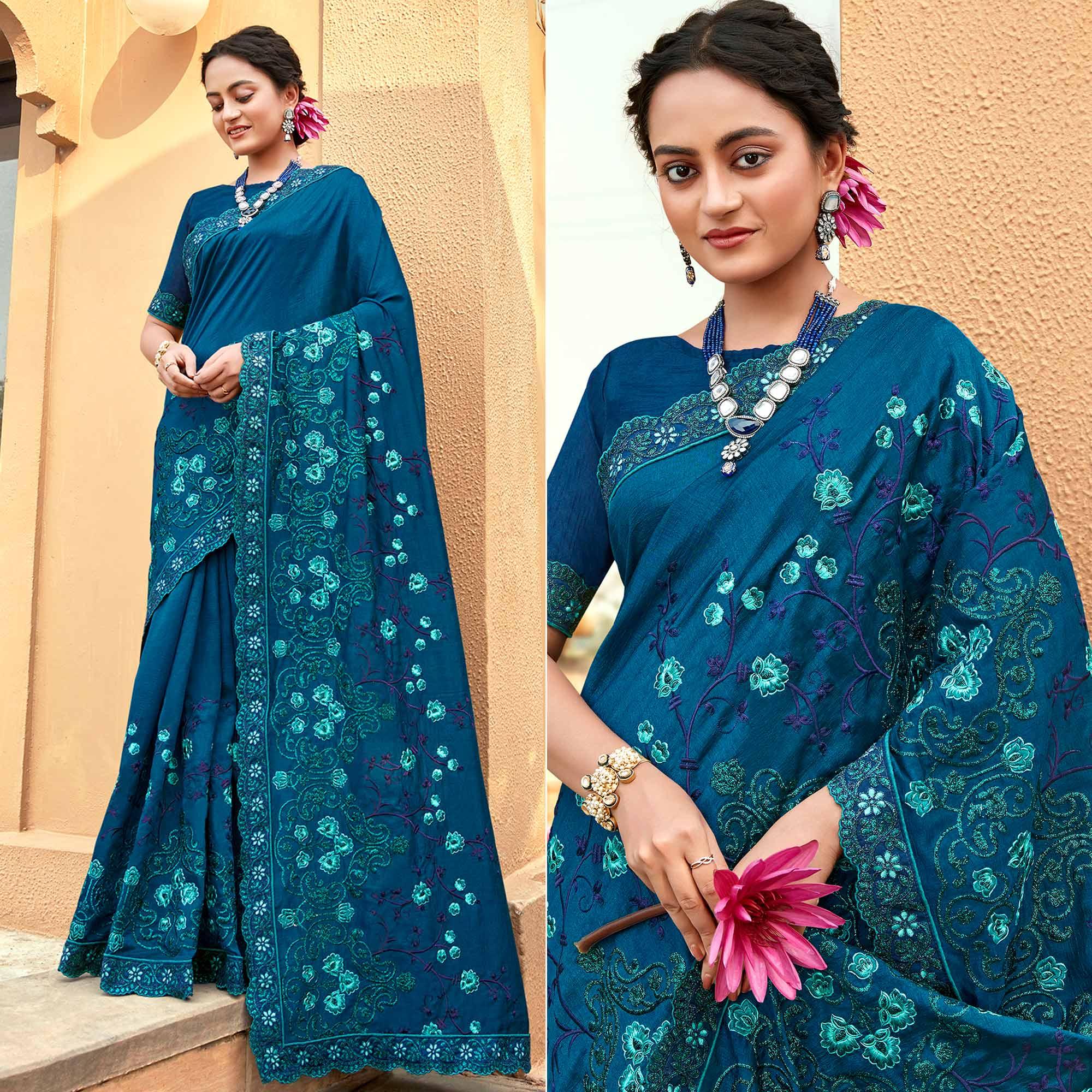 Blue Floral Embroidered Vichitra Silk Saree - Peachmode