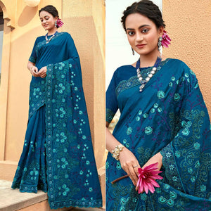 Blue Floral Embroidered Vichitra Silk Saree - Peachmode