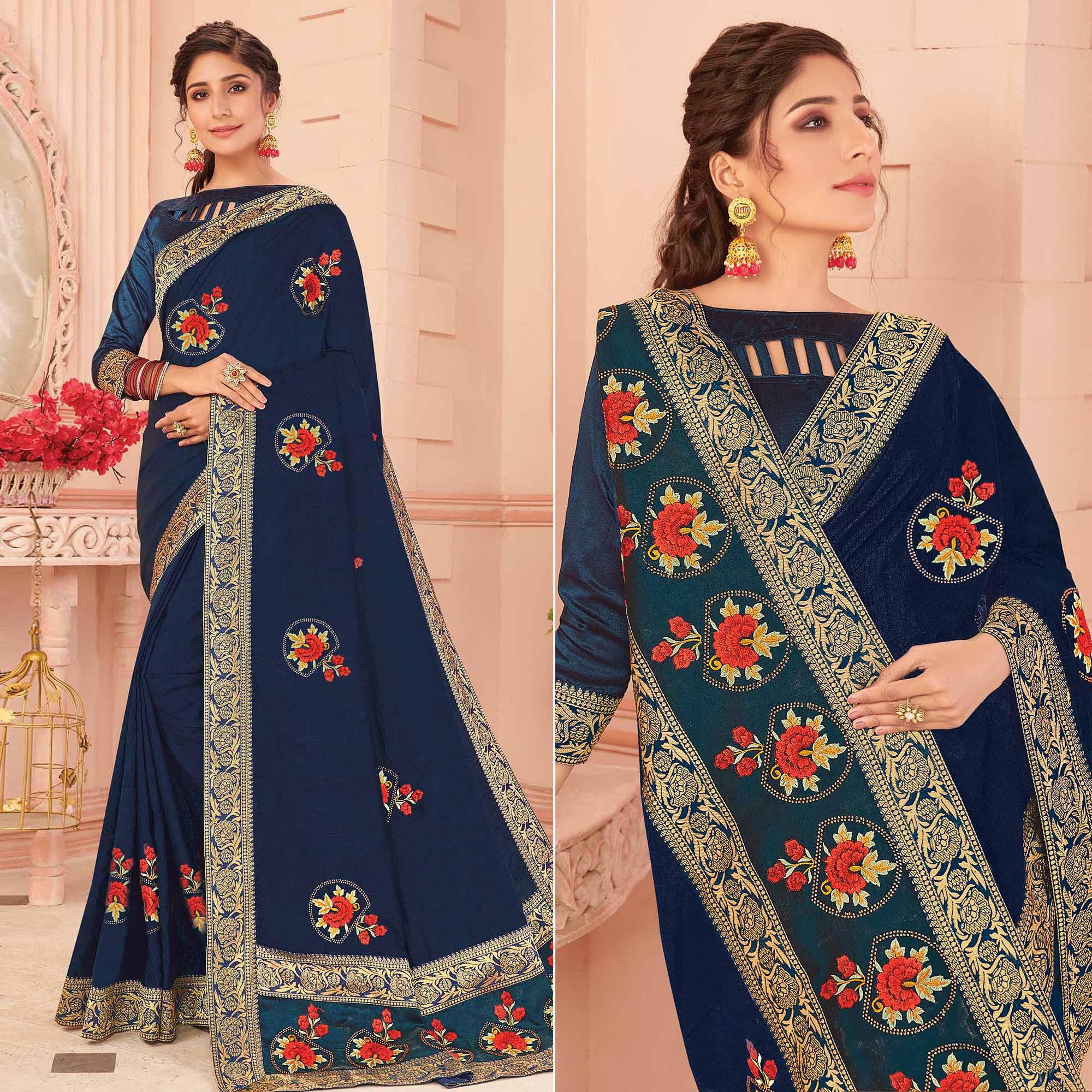 Blue Floral Embroidered Vichitra Silk Saree - Peachmode