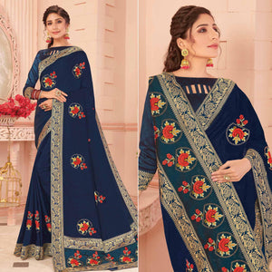 Blue Floral Embroidered Vichitra Silk Saree - Peachmode