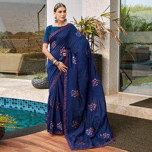 Blue Floral Embroidered Vichitra Silk Saree - Peachmode