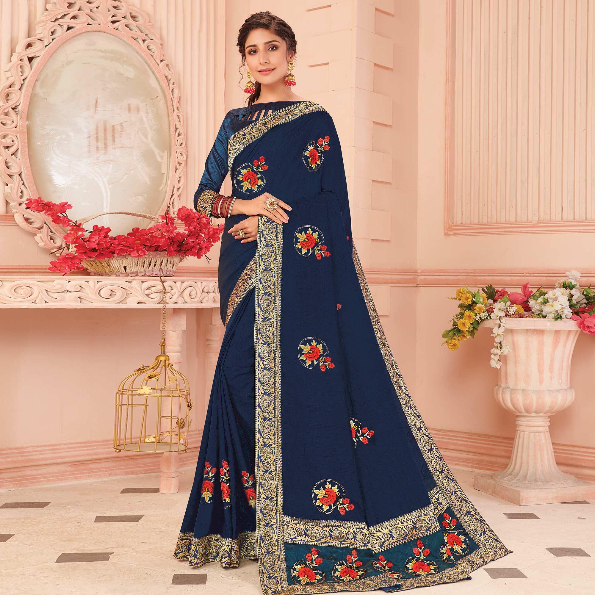 Blue Floral Embroidered Vichitra Silk Saree - Peachmode
