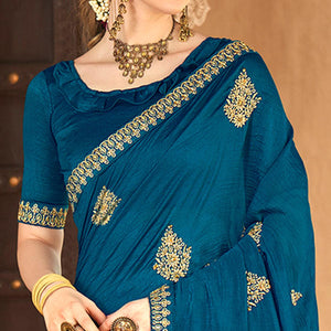 Blue Floral Embroidered Vichitra Silk Saree - Peachmode