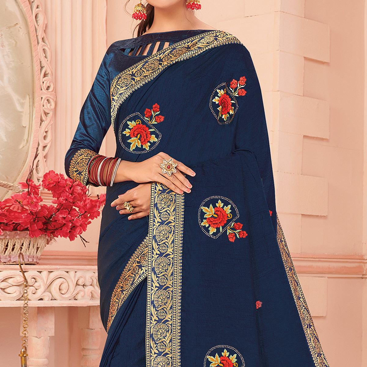 Blue Floral Embroidered Vichitra Silk Saree - Peachmode