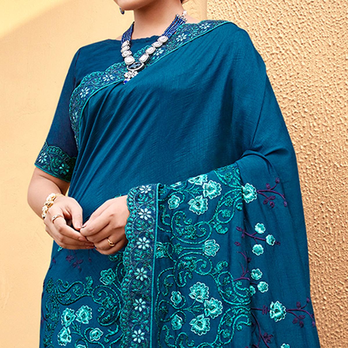 Blue Floral Embroidered Vichitra Silk Saree - Peachmode