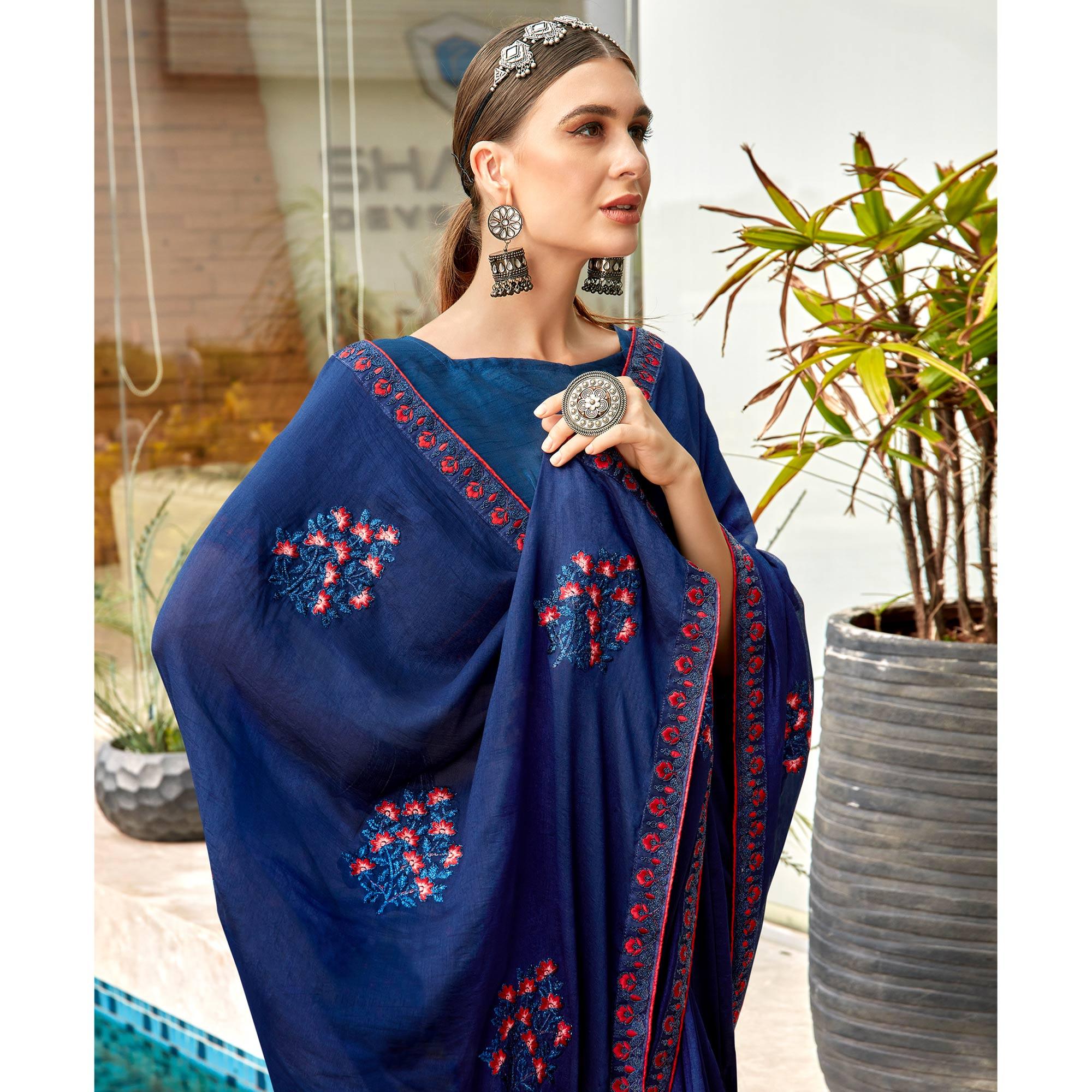 Blue Floral Embroidered Vichitra Silk Saree - Peachmode