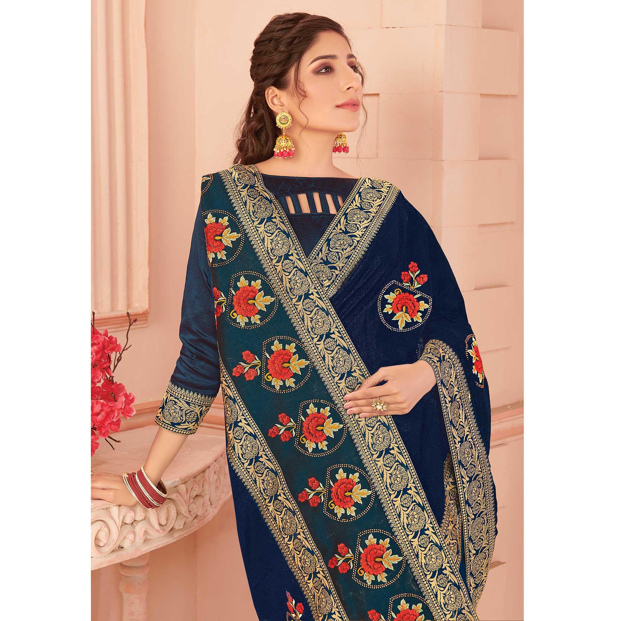 Blue Floral Embroidered Vichitra Silk Saree - Peachmode