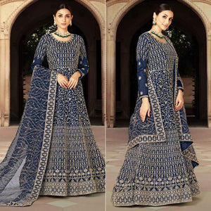 Blue Floral Embroidered With Diamond Work Net Gown - Peachmode