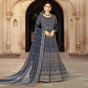 Blue Floral Embroidered With Diamond Work Net Gown - Peachmode