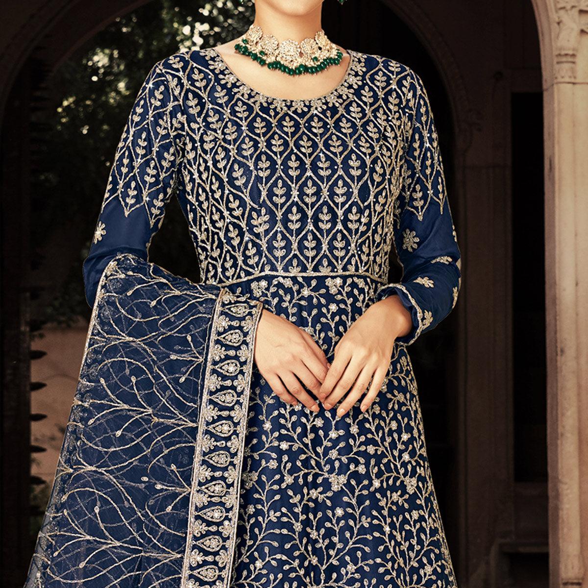 Blue Floral Embroidered With Diamond Work Net Gown - Peachmode
