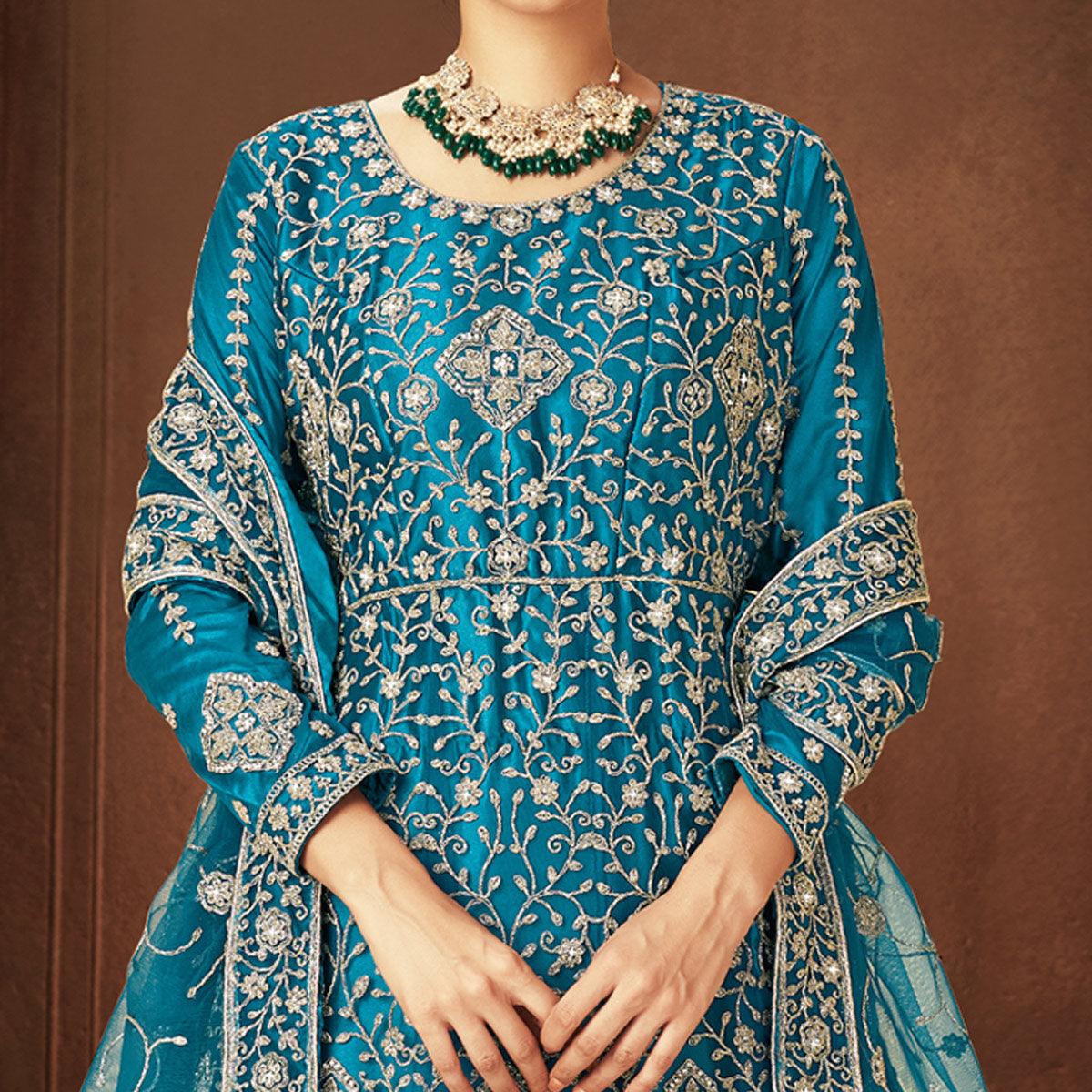 Blue Floral Embroidered With Diamond Work Net Gown - Peachmode