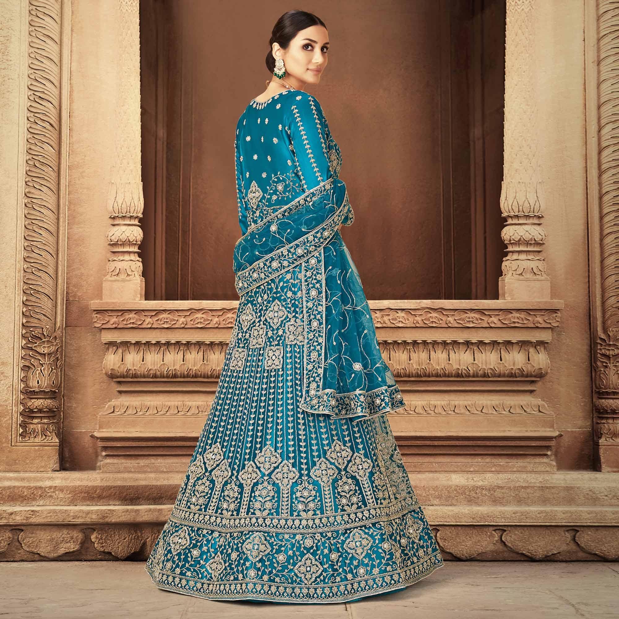 Blue Floral Embroidered With Diamond Work Net Gown - Peachmode
