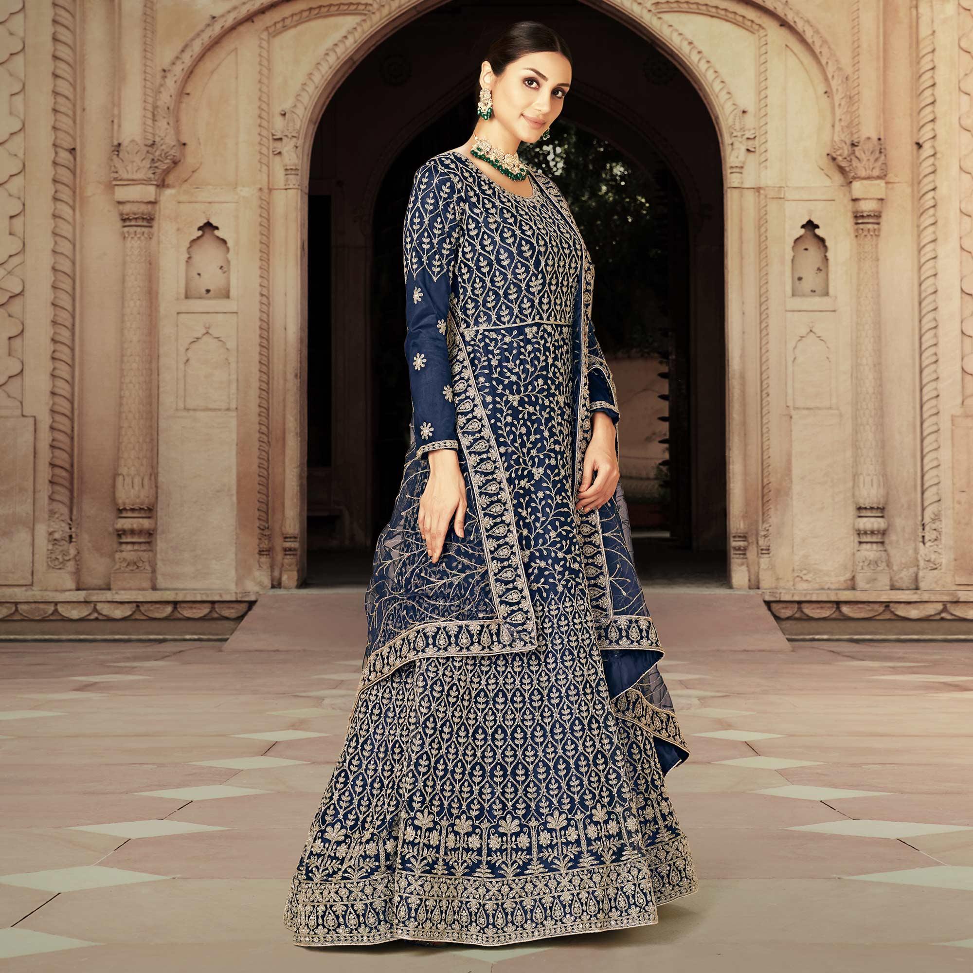 Blue Floral Embroidered With Diamond Work Net Gown - Peachmode