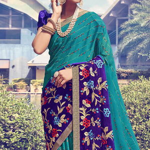 Blue Floral Embroidered With Foil Printed Chiffon Half & Half Saree - Peachmode