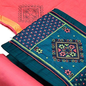 Blue Floral Embroidered With Mirror Work Cotton Silk  Dress Material - Peachmode