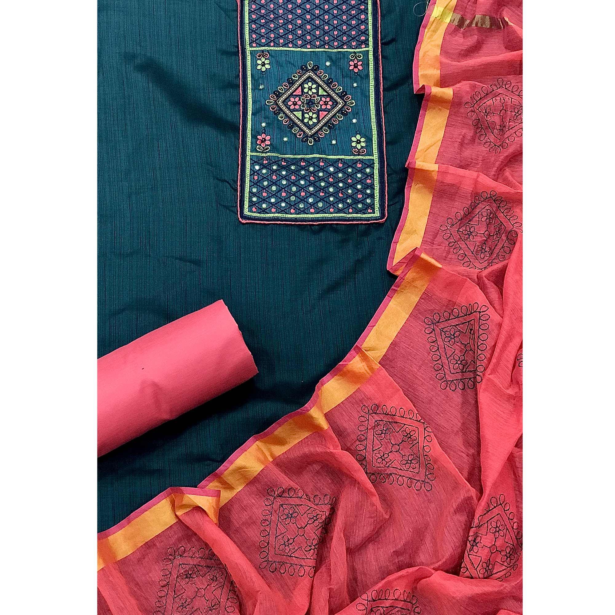 Blue Floral Embroidered With Mirror Work Cotton Silk  Dress Material - Peachmode