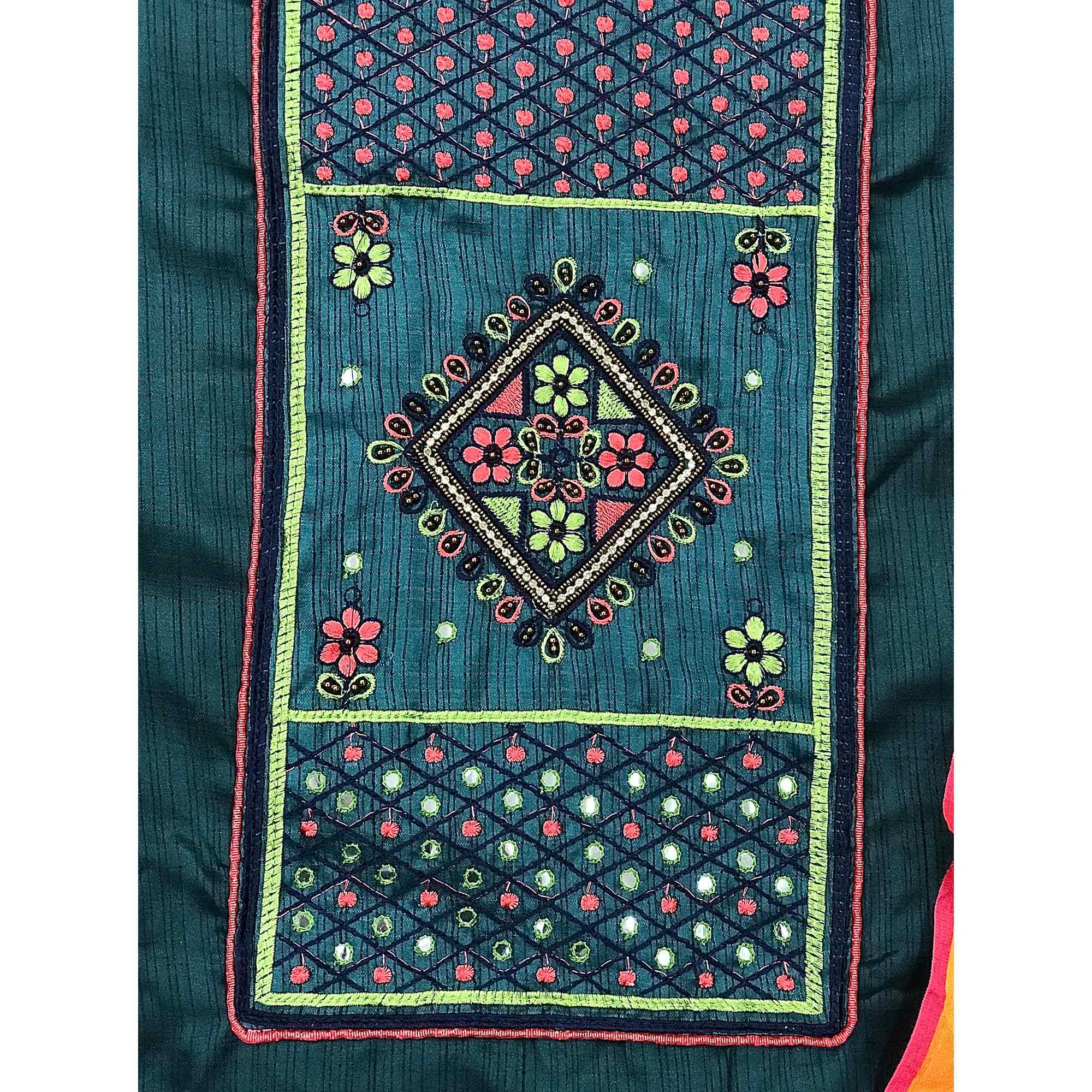 Blue Floral Embroidered With Mirror Work Cotton Silk  Dress Material - Peachmode