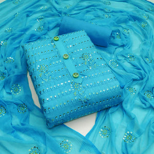 Blue Floral Embroidered With Sequence Poly Cotton Dress Material - Peachmode