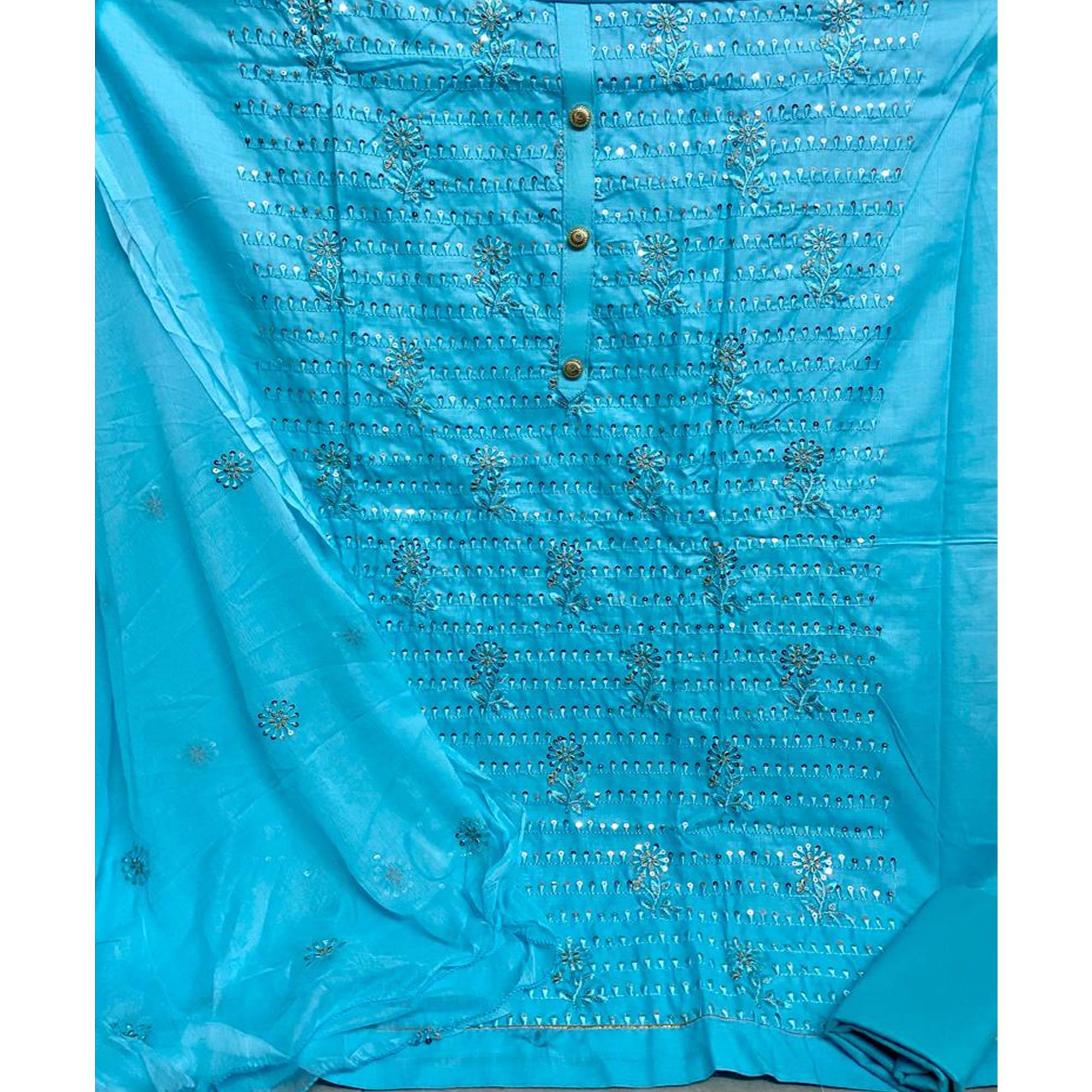 Blue Floral Embroidered With Sequence Poly Cotton Dress Material - Peachmode