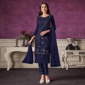 Blue Floral Embroidery Designer Heavy Butterfly Net Partywear Suit - Peachmode