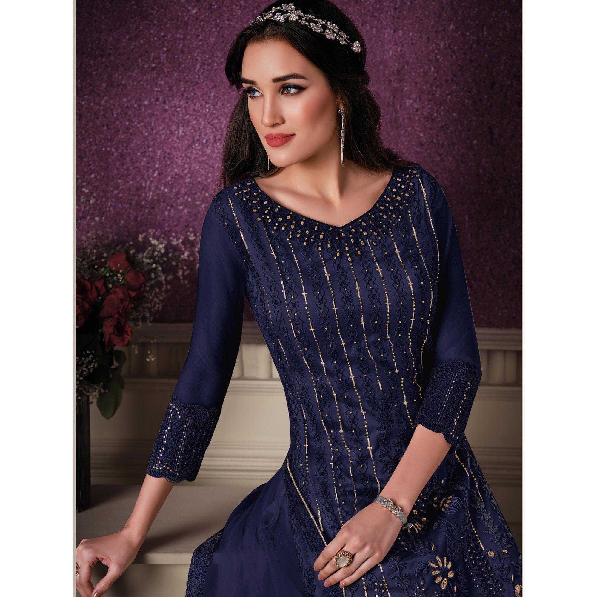 Blue Floral Embroidery Designer Heavy Butterfly Net Partywear Suit - Peachmode