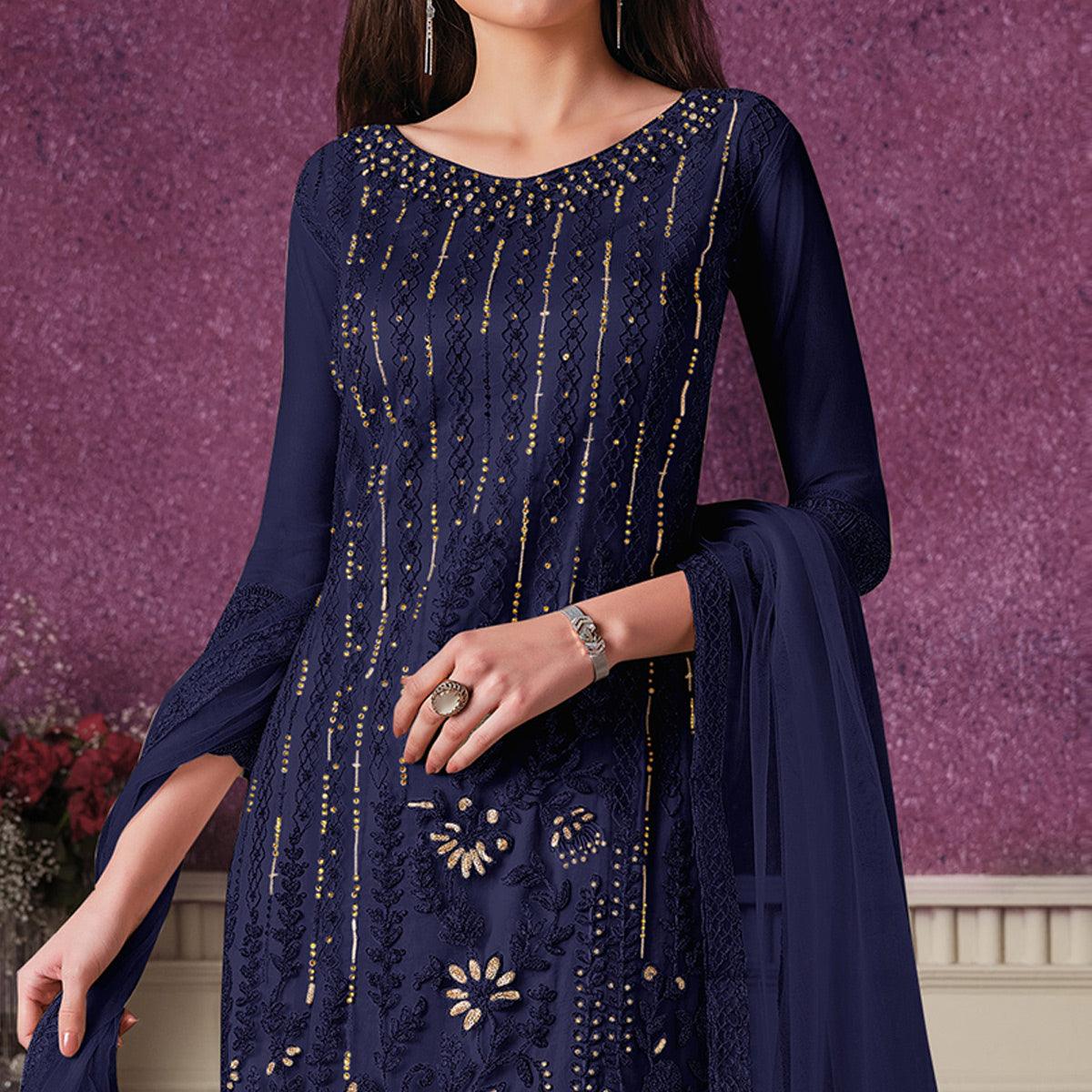 Blue Floral Embroidery Designer Heavy Butterfly Net Partywear Suit - Peachmode