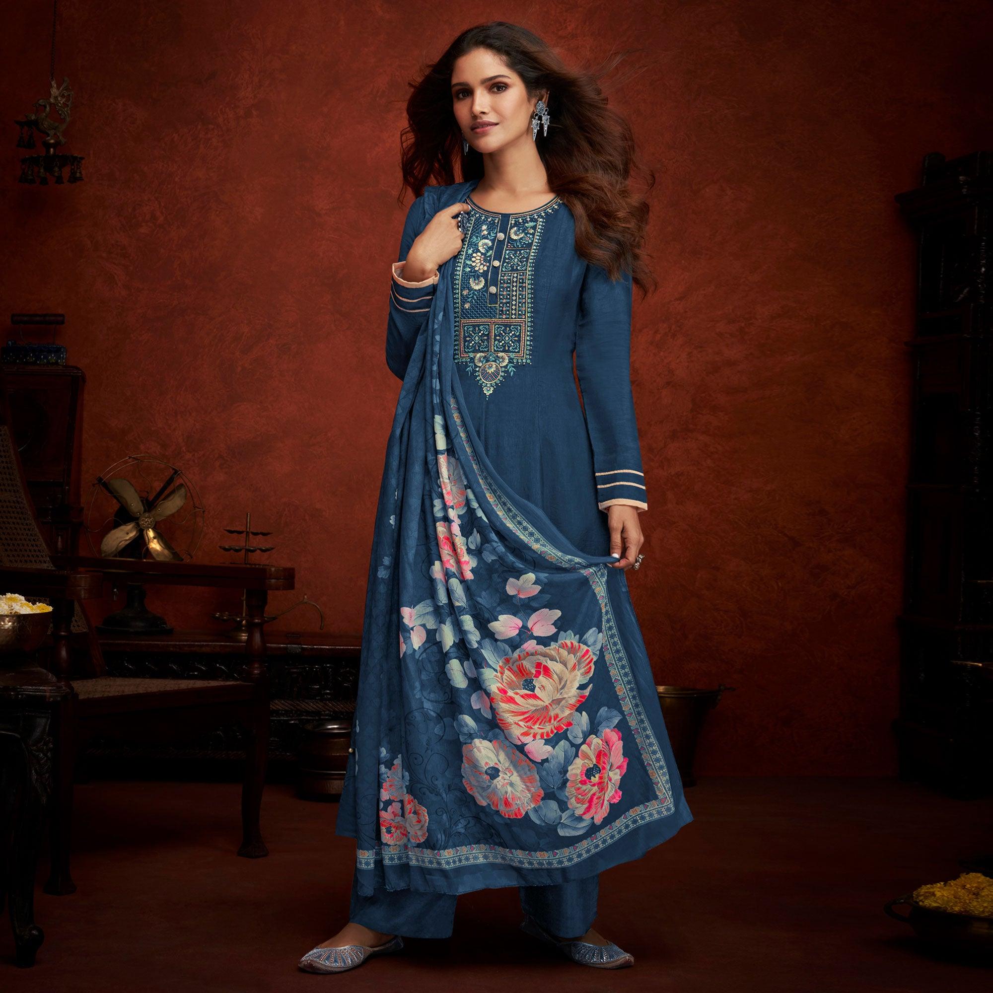 Blue Floral Embroidery With Print Pure Viscose Partywear Suit - Peachmode