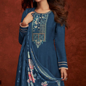 Blue Floral Embroidery With Print Pure Viscose Partywear Suit - Peachmode