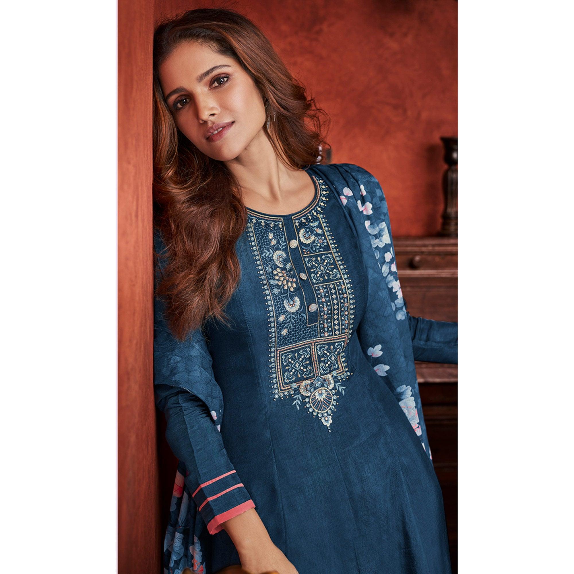 Blue Floral Embroidery With Print Pure Viscose Partywear Suit - Peachmode