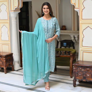Blue Floral Foil Printed Chanderi Kurti Pant Set With Dupatta - Peachmode