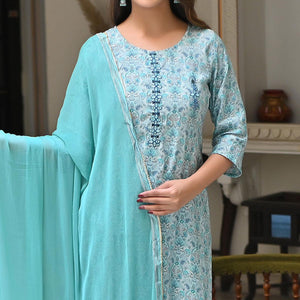 Blue Floral Foil Printed Chanderi Kurti Pant Set With Dupatta - Peachmode