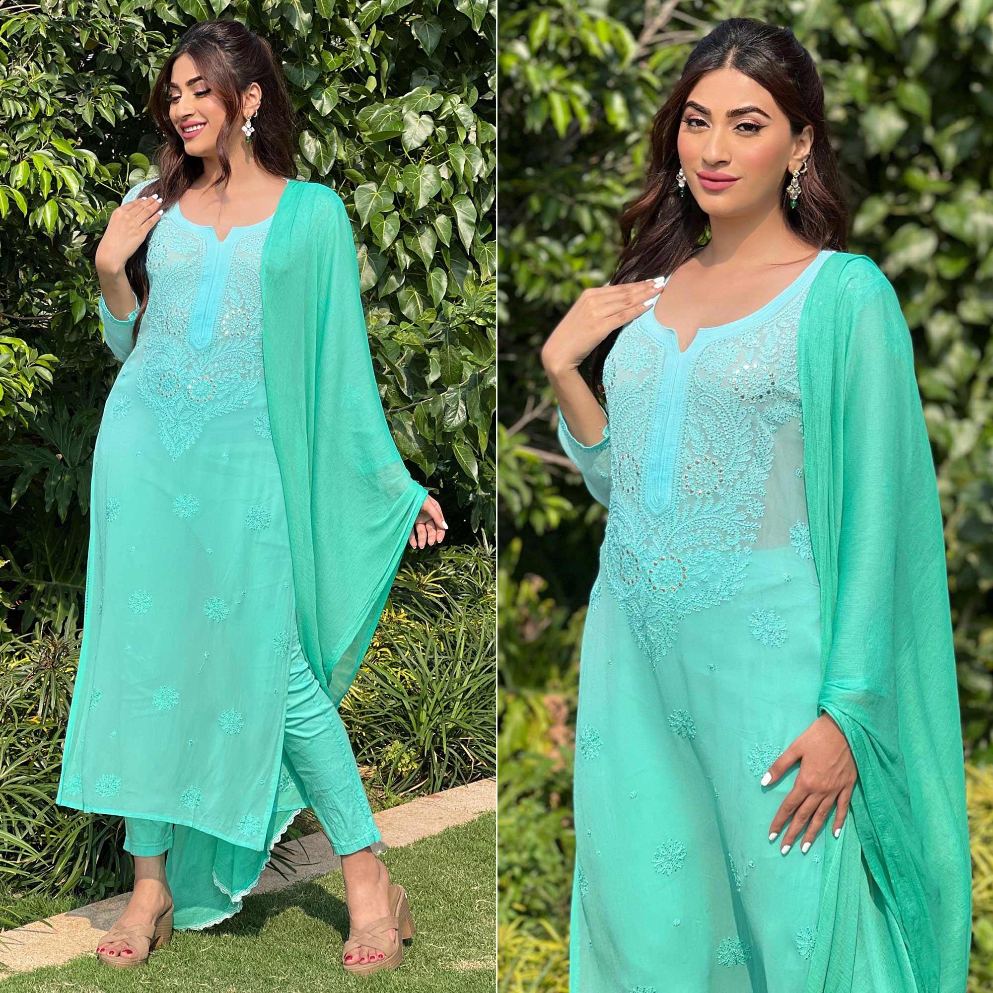 Blue Floral Lucknowi Embroidered & Mukaish Work Georgette Kurti Pant Set With Dupatta - Peachmode