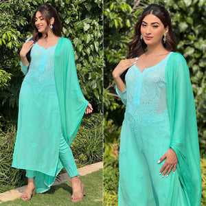 Blue Floral Lucknowi Embroidered & Mukaish Work Georgette Kurti Pant Set With Dupatta - Peachmode