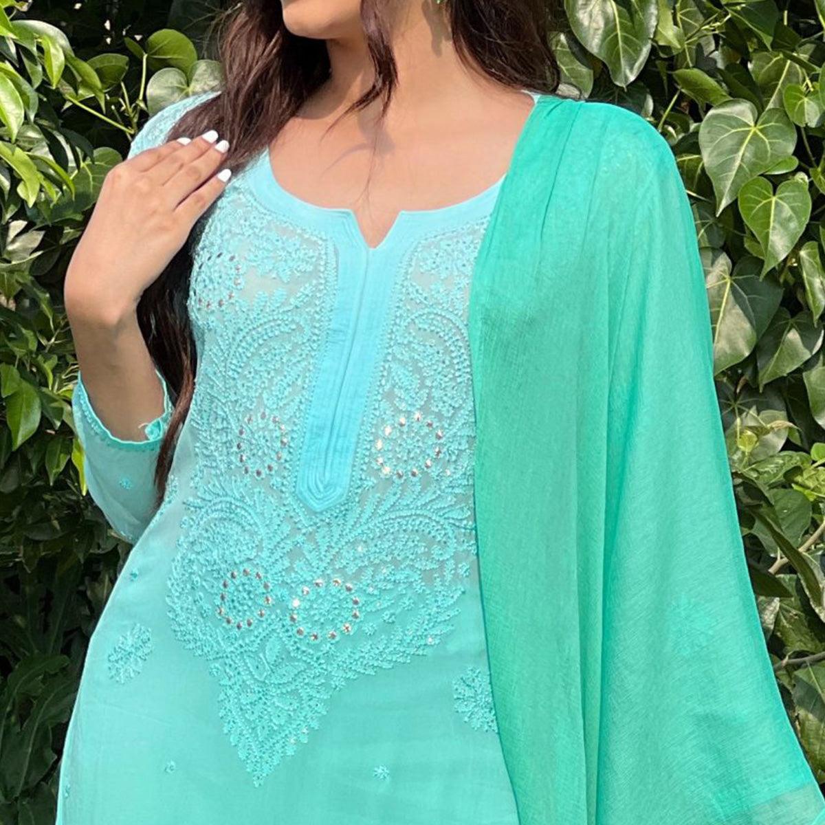 Blue Floral Lucknowi Embroidered & Mukaish Work Georgette Kurti Pant Set With Dupatta - Peachmode