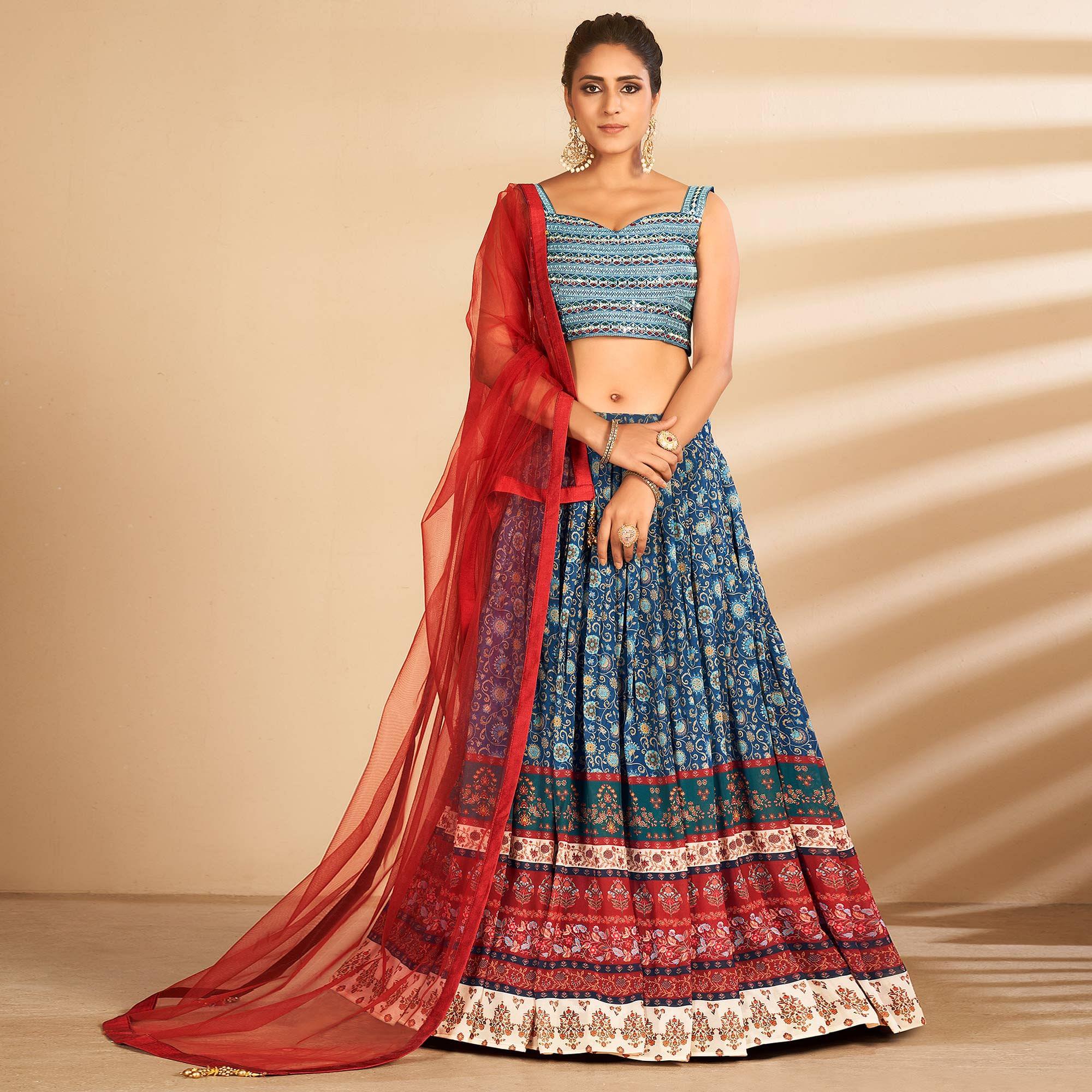 Blue Floral Printed Art Silk Lehenga Choli - Peachmode