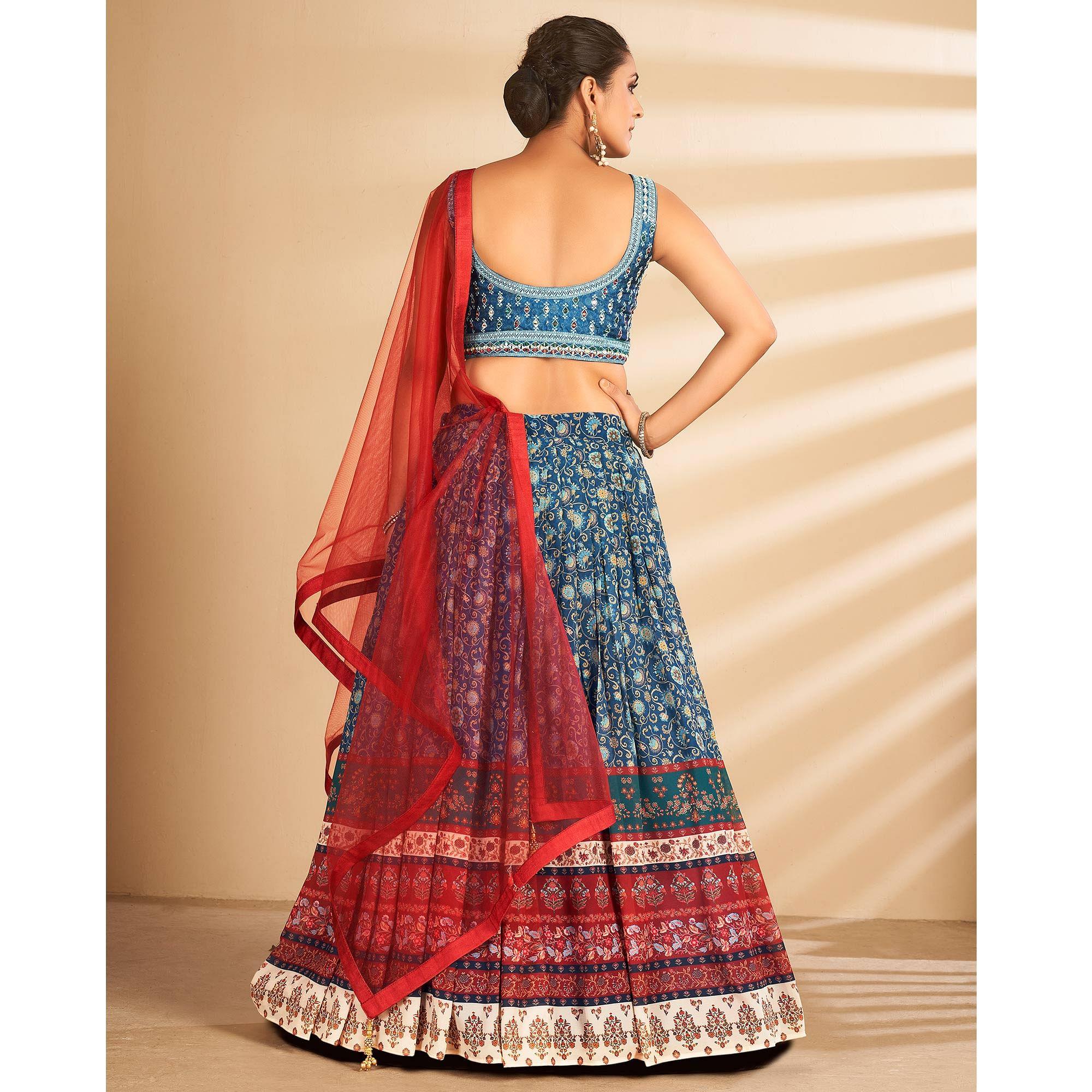 Blue Floral Printed Art Silk Lehenga Choli - Peachmode